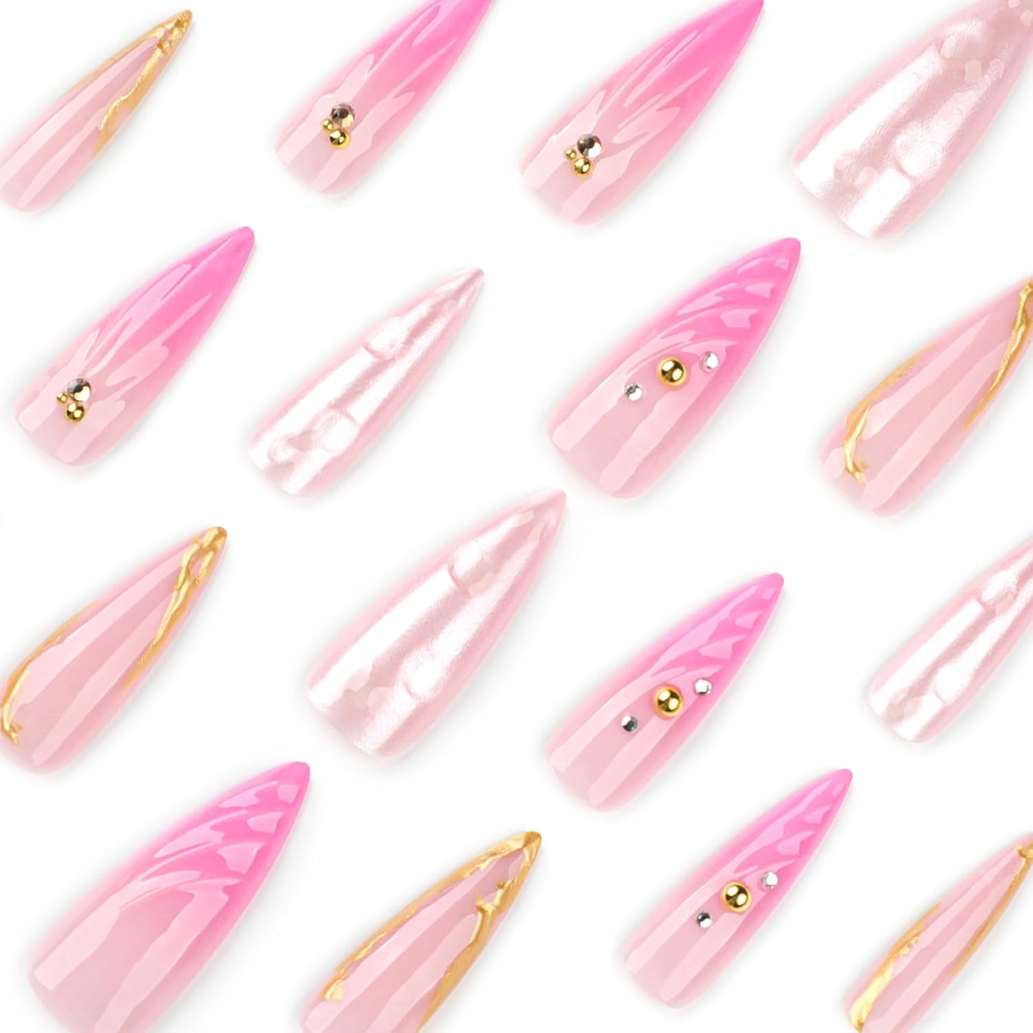 Glossy Pink Ombre Stiletto Press on Nails with Gold Design, Reusable 24 Piece Set - Image 3