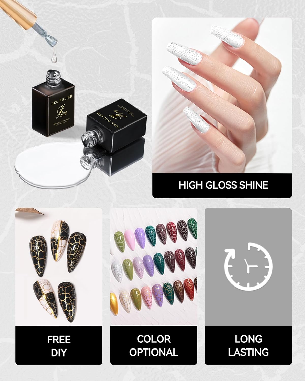 3D Crackle Gel Nail Polish Kit 2PCS Silver Base White Crackle Glue - Image 4