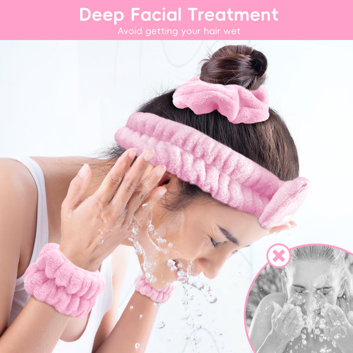 Pink Spa Headband and Wristband Set with Facial Cleansing Brush and Scrunchie - Image 3