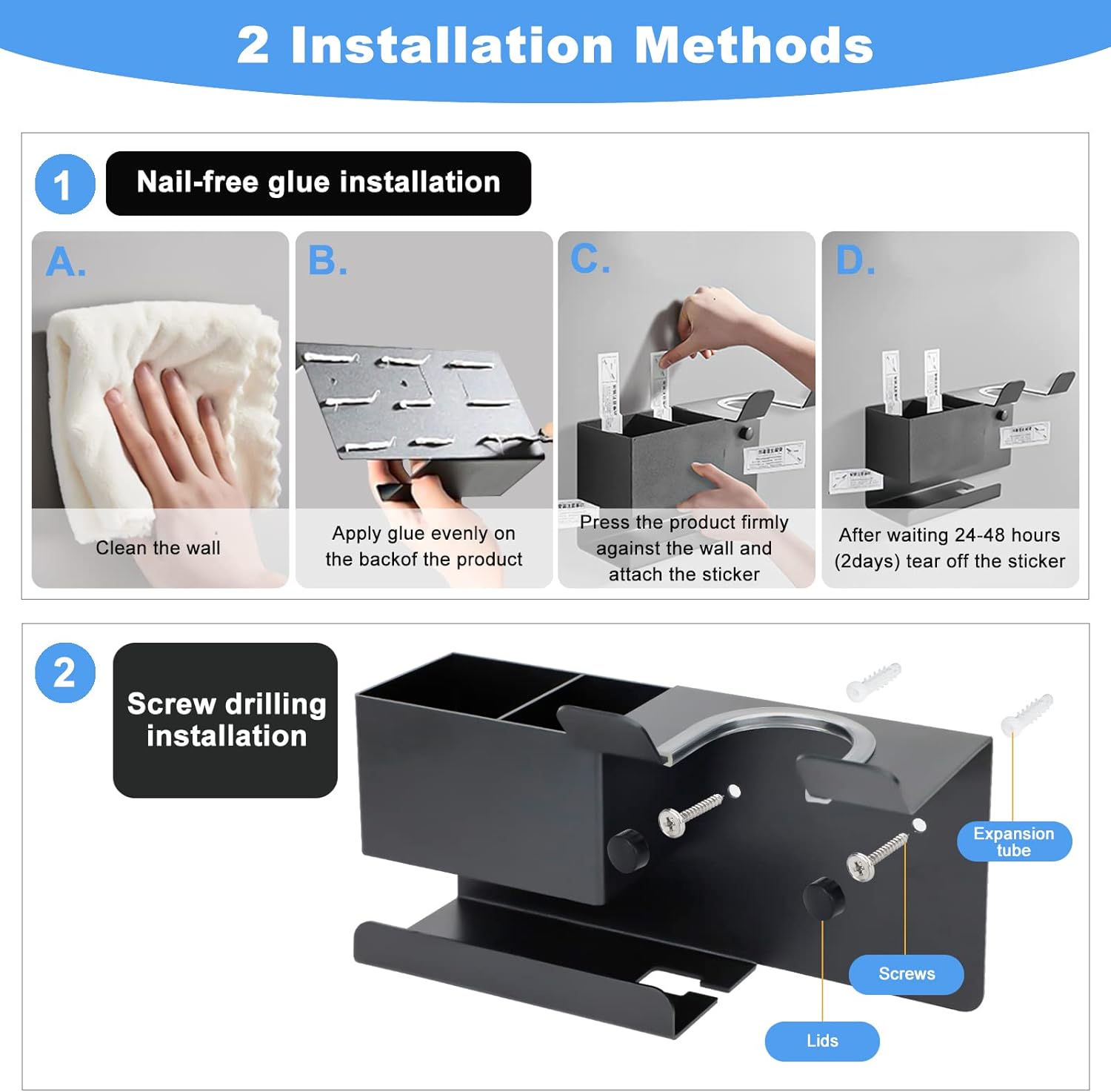 SHAIDOJIO Aluminum Alloy Wall Mount Blow Dryer Holder with Plug Hook organizer - Image 5