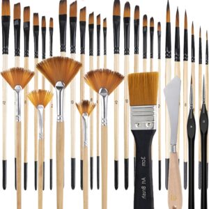 33 Pieces Paint Brush Set, Artist Series, Nylon Bristles with Round, Filbert, Flat, Fan, Angle, Detail Brush, Palette Knife,Suitable for Artists and Beginners for Acrylic Painting, Oil, Watercolor..