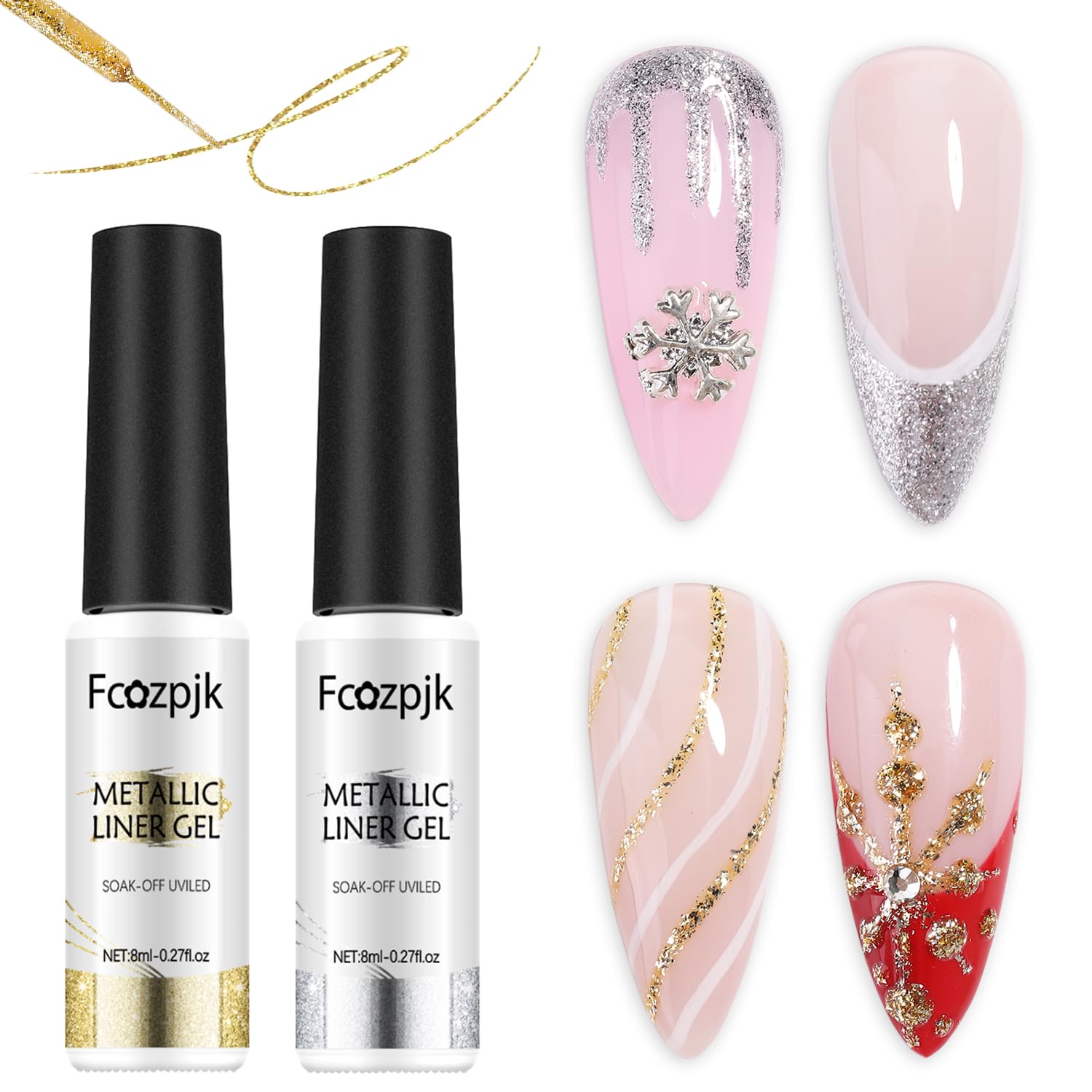 Gel Liner Art Set 2PCS Sparkle Glitter Silver Gold Gel Polish 8ml Soak Off UV Painting with Built in Thin Nail Brush Swirl Nails Design Dotting Drawing French Manicure Tip Tool