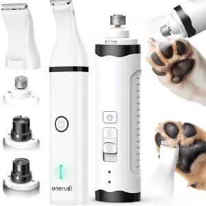 oneisall Dog Nail Grinder and Paw Trimmer Kit 2 in 1 Quiet Rechargeable Electric Pet Nail Grinder with 2 LED Lights and Cordless Dog Grooming Safe Clippers