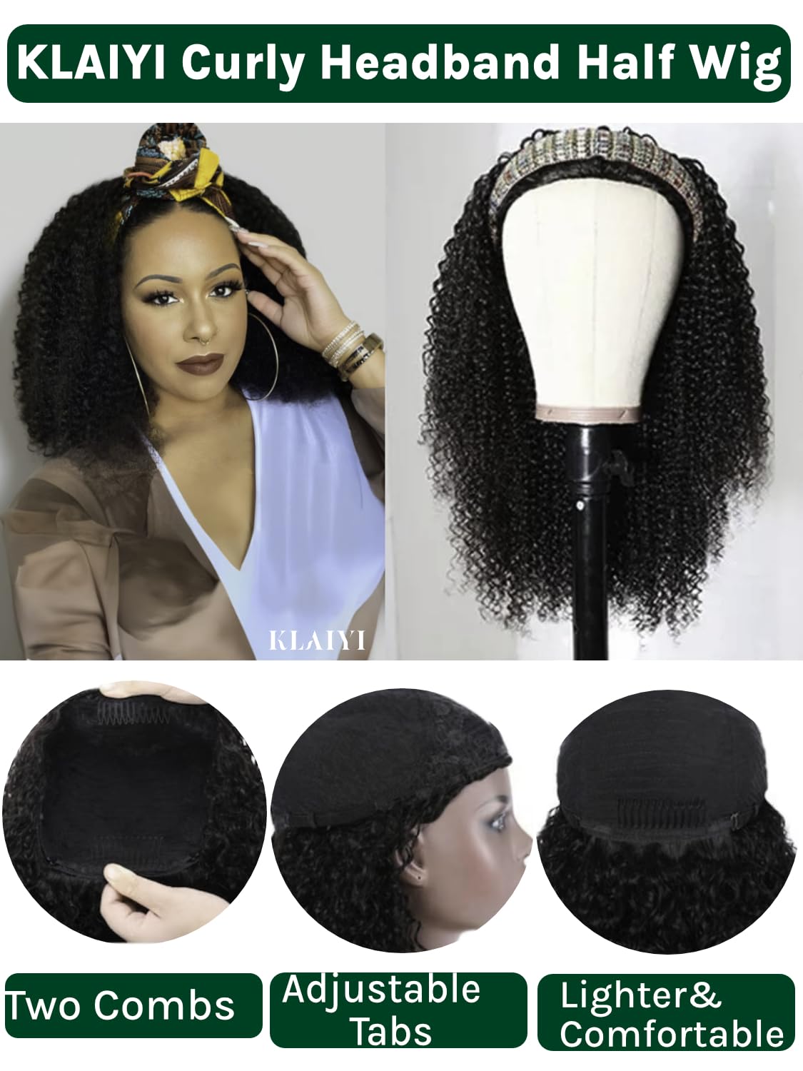 KLAIYI 20-Inch Afro Kinky Curly Human Hair Glueless 3/4 Half Wig - Image 4