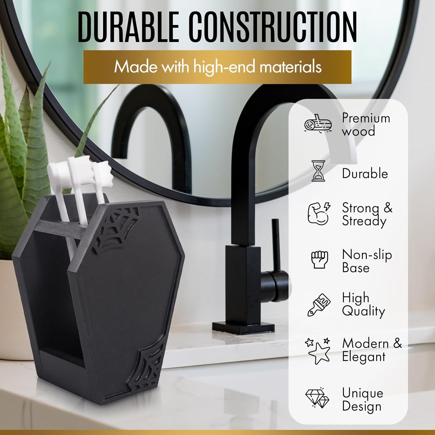 Gothic Black Wooden Coffin Toothbrush Holder for Kids and Adults, 6.5 Inch Capacity - Image 2