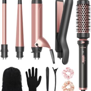 Wavytalk 5 in 1 Curling Iron Set with Thermal Brush and 4 Interchangeable Ceramic Curling Wands (0.5'-1.25'), Instant Heat Up Hair Curling Iron, Rose Gold