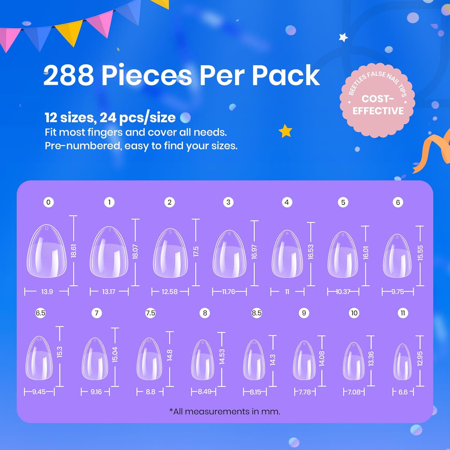 Beetles 288 Piece Extra Short Almond Clear Gel Nail Tips Full Cover in 12 Sizes - Image 7