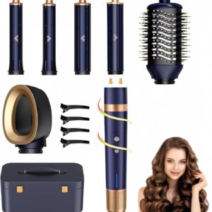 T-GOGO Hair Dryer Brush Professional: 6 in 1 Hot Air Hair Styler & Dryer Set, Powerful Hair Air Curling Iron High-Speed Negative Ionic Blow Dryer, Auto-Wrap, No Heat Damage (Dark Blue)