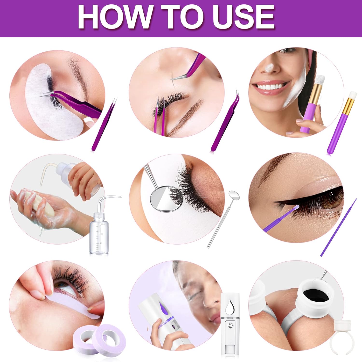 Purple Eyelash Extension Kit with USB Blower, Facial Mister, Tweezers, Gel Pads, and More - Image 6