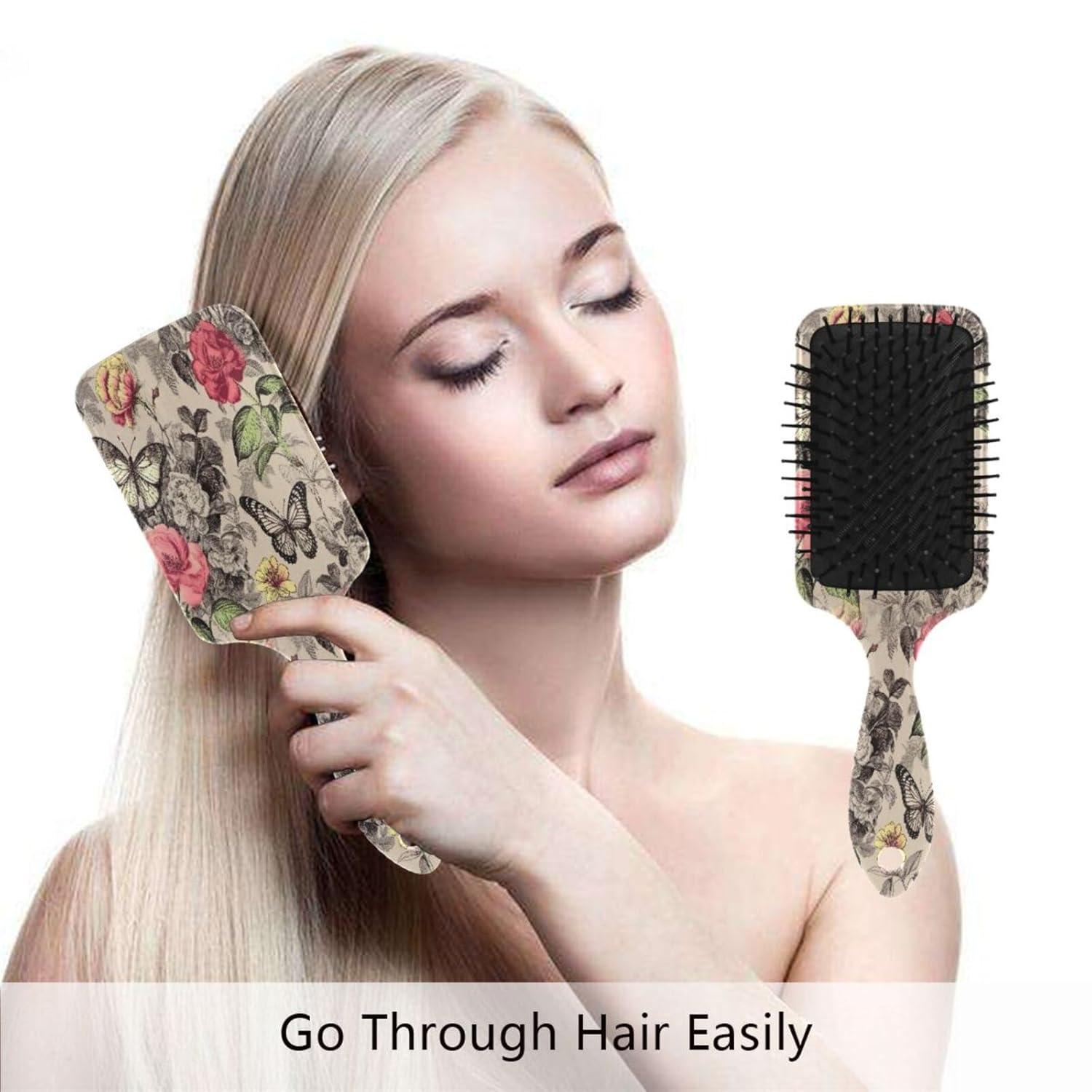 Vintage Butterfly Floral Hair Brush for All Hair Types, Soft Paddle Detangler - Image 4
