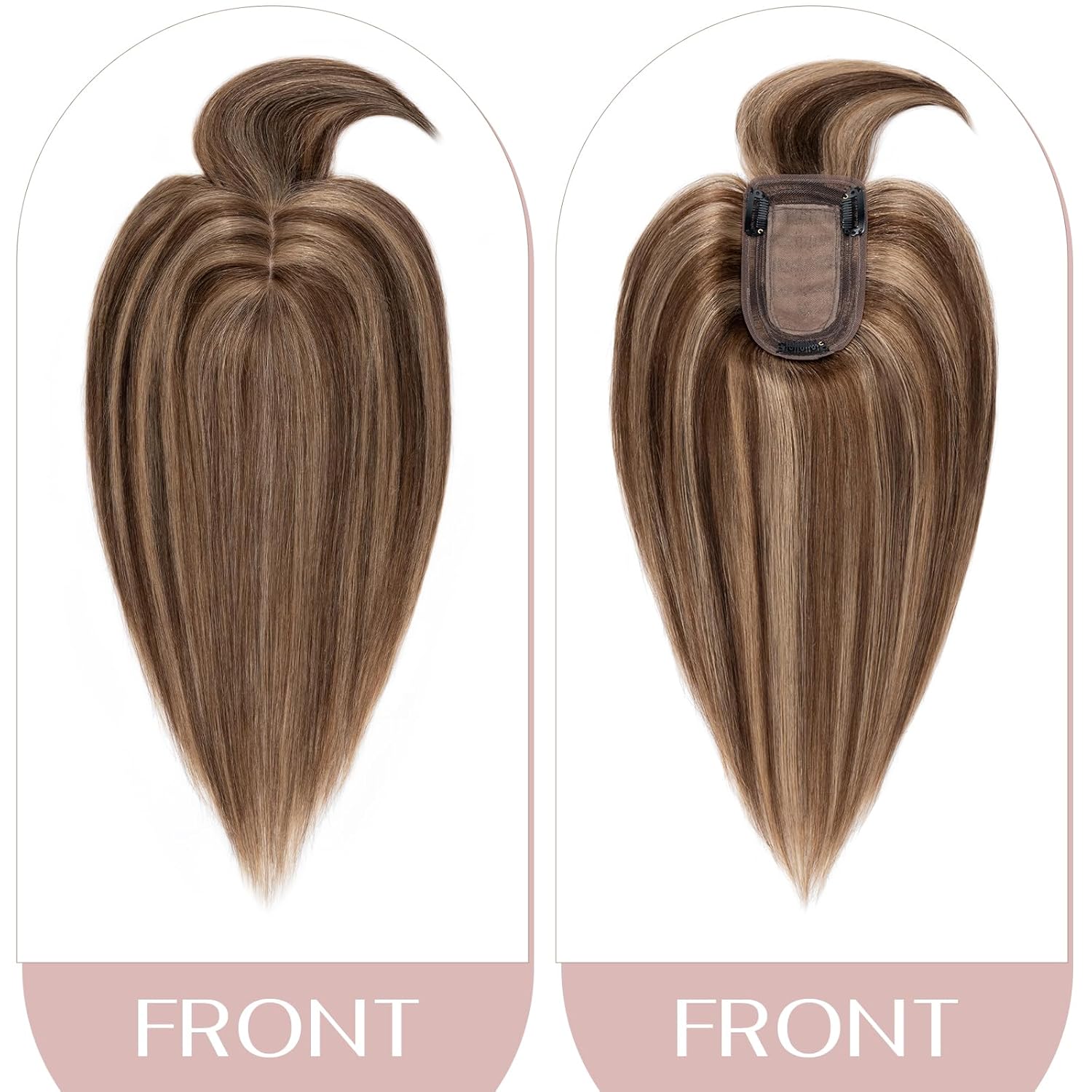 Chocolate Brown & Light Brown Human Hair Topper with Bangs 2.75x5.1 Inch Silk Base - Image 6