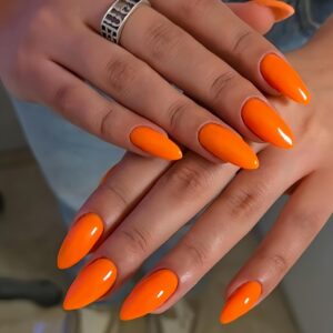 Orange Press on Nails Medium Stiletto Almond,KQueenest Glossy Acrylic Nails Kit Reusable Fake Nails Feature Protective UV Coating for Women Nail Art Manicure in 24PCS