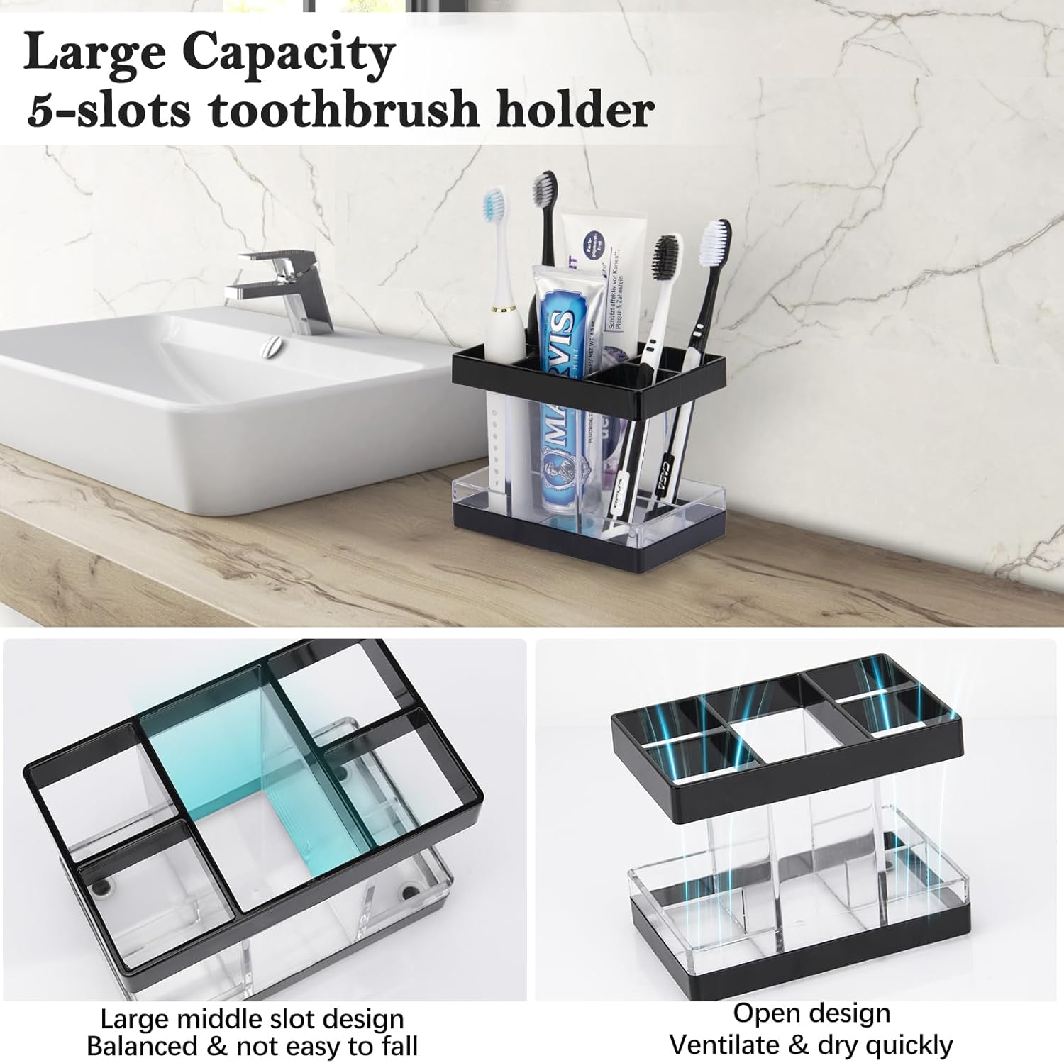 Toothbrush Holder Set for Bathroom Countertop Organizer with 5 Slots for Family Kids Black - Image 4