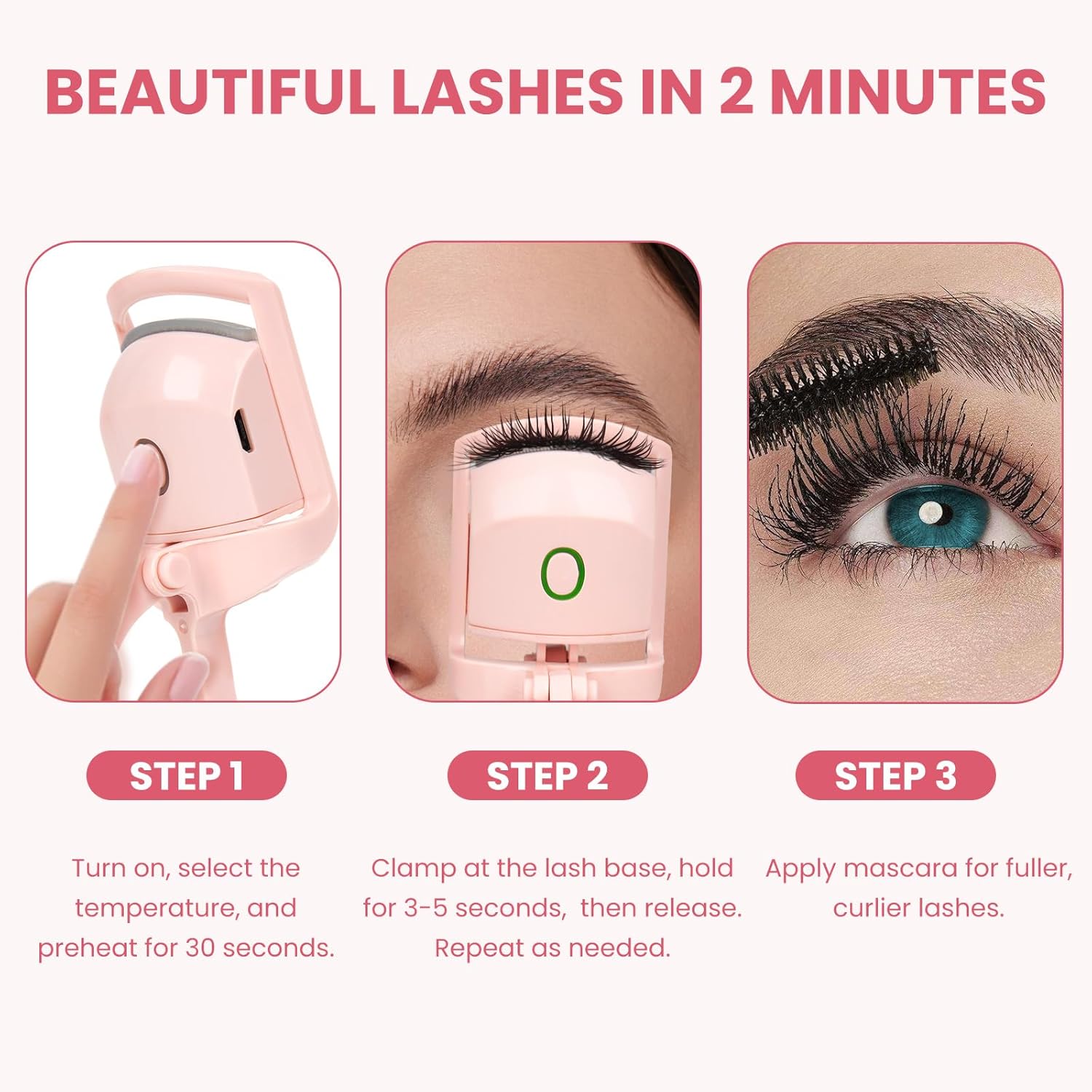 Pink USB Rechargeable Electric Heated Eyelash Curler for Women Quick Heat-Up Multi-Temp Settings - Image 6
