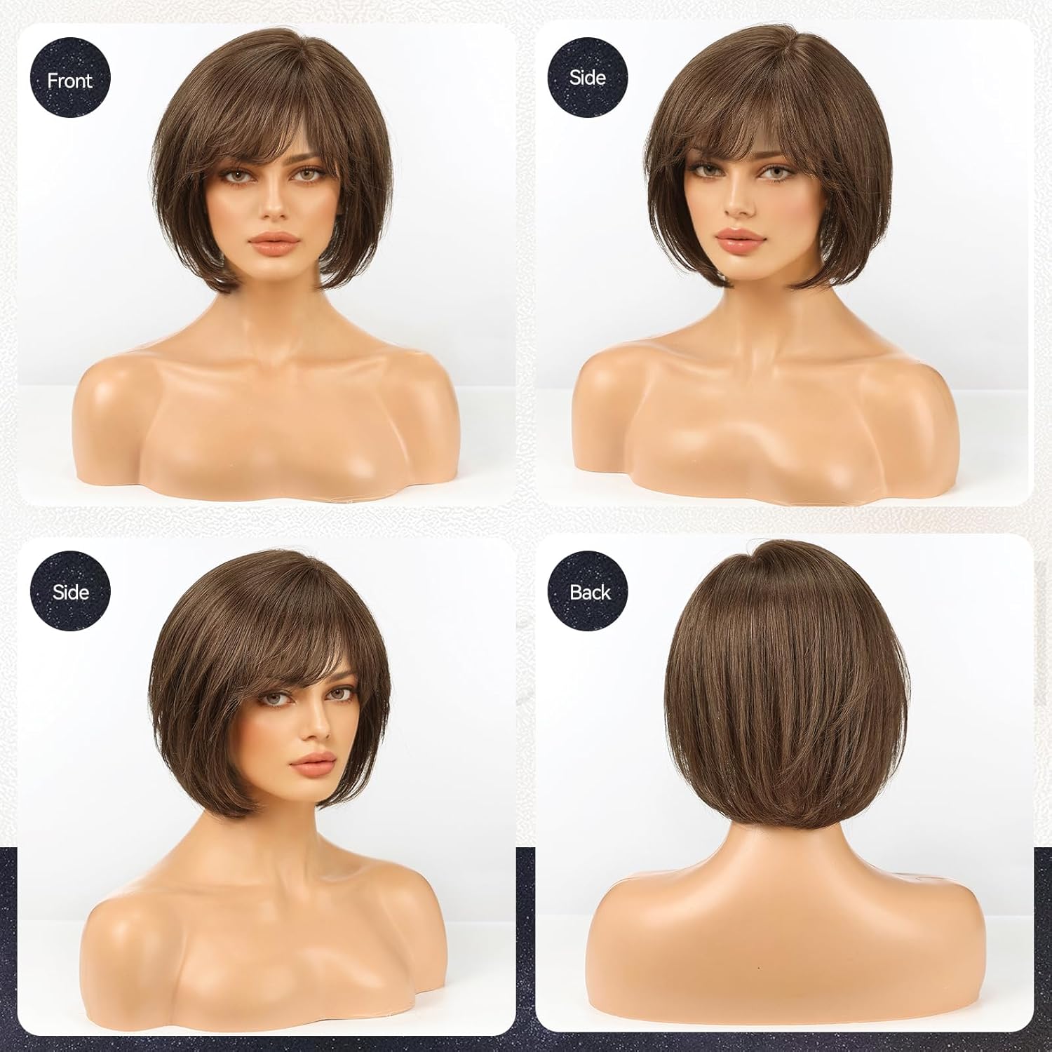 Starluck 6.5x6.5 inch Brown Short Bob Human Hair Topper with Bangs - Image 7