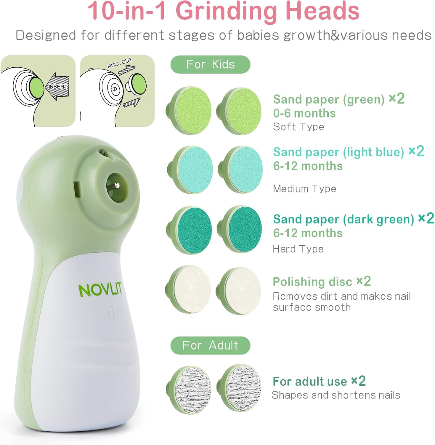 Electric Baby Nail File and Trimmer Set with LED Light and 10 Grinding Heads for Newborns and Adults - Image 5