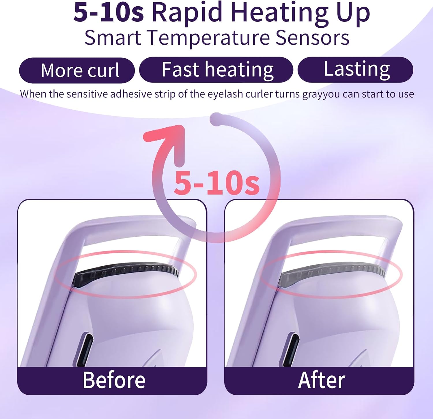 Premium USB Rechargeable Heated Eyelash Curler Purple with Temperature Control Silicone Pad - Image 3