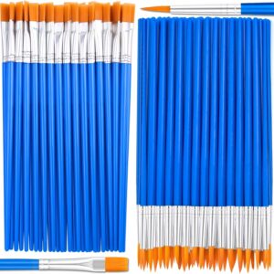 Small Paint Brushes Bulk, Anezus 50 Pcs Flat Tip Paint Brushes with Round Acrylic Paint Brushes Set Craft Brushes for Classroom Acrylic Watercolor Canvas Face Painting Touch Up