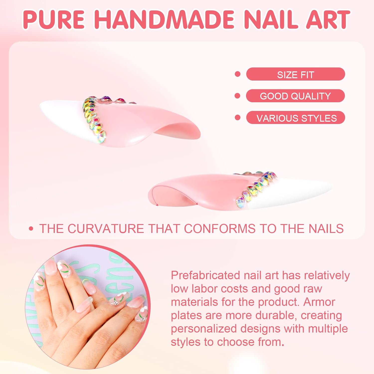 24 Pcs Short Almond French Tip Press On Nails Natural Nude 3D Charms 12 Sizes - Image 7