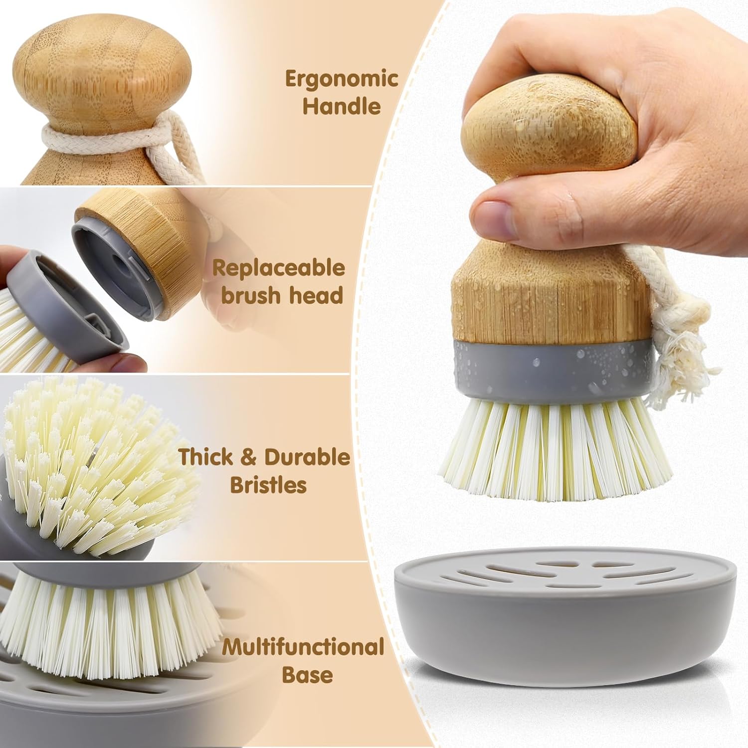 Bamboo Dish Palm Brush Set with Holder - 2 Pack Wooden Scrub Brushes for Kitchen Cleaning - Image 5
