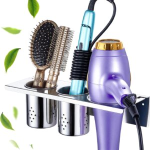 Hair Tool Organizer, Blow Dryer Holder Wall Mounted, Hot Tools Holder Storage for Brush, Hair Dryer, Straighteners, Curling Iron Holder Stainless Steel, Hair Styling Tools Organizer with 2 Cups