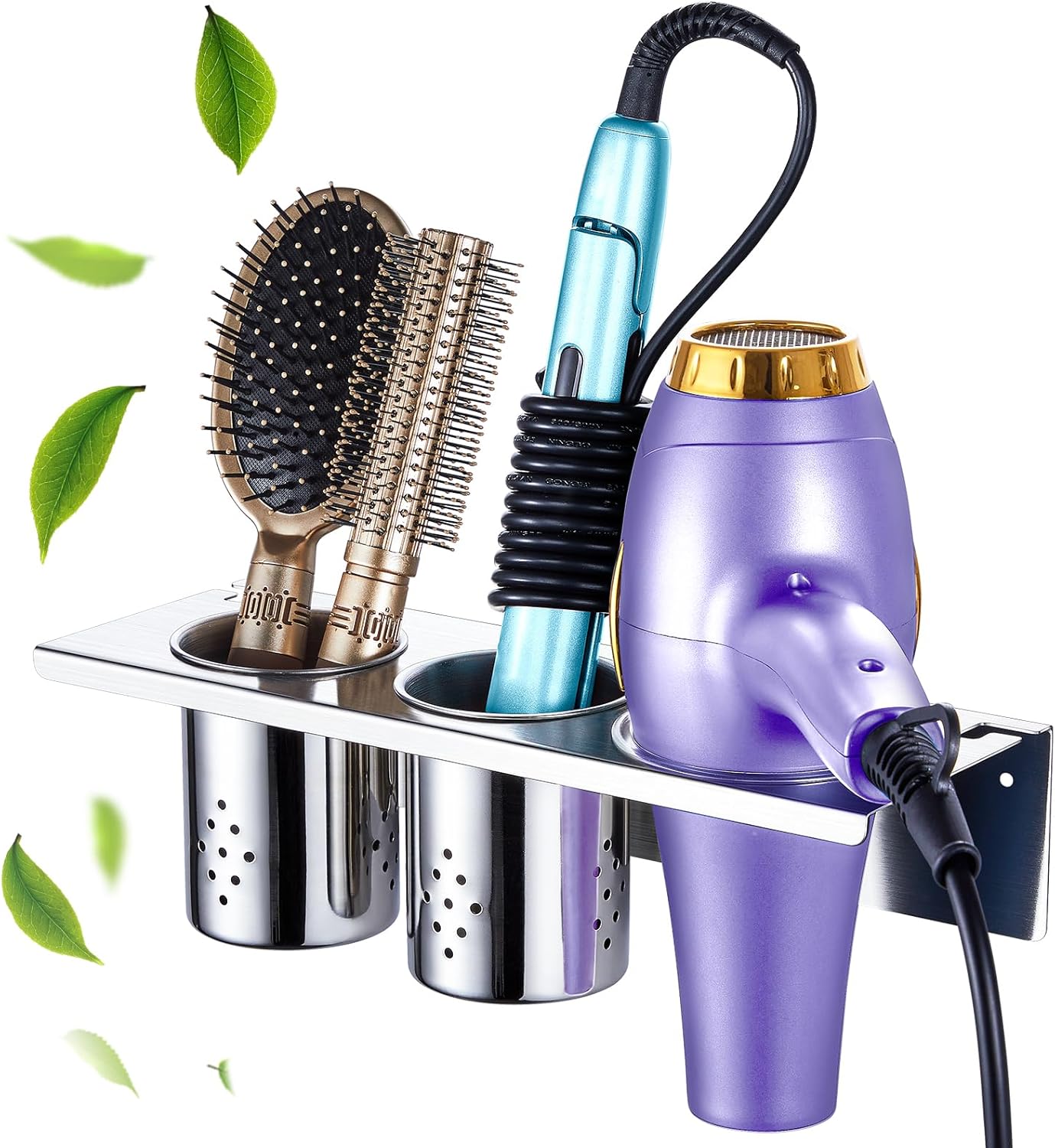 Hair Tool Organizer, Blow Dryer Holder Wall Mounted, Hot Tools Holder Storage for Brush, Hair Dryer, Straighteners, Curling Iron Holder Stainless Steel, Hair Styling Tools Organizer with 2 Cups