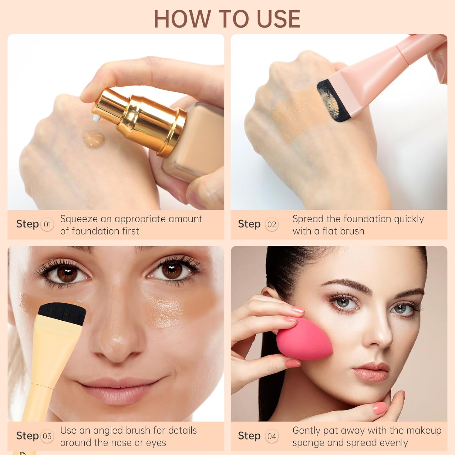 2-Piece Ultra Thin Foundation Brush Set Flat Top Angled Head Pink Yellow - Image 3