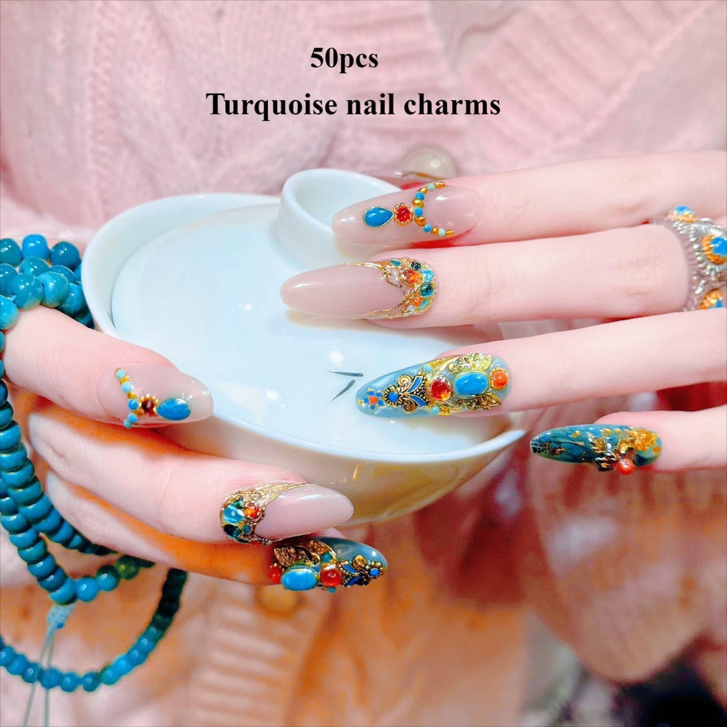 50 Pcs Natural Turquoise Marble Drop Shape Nail Art Rhinestones for 3D Designs - Image 4