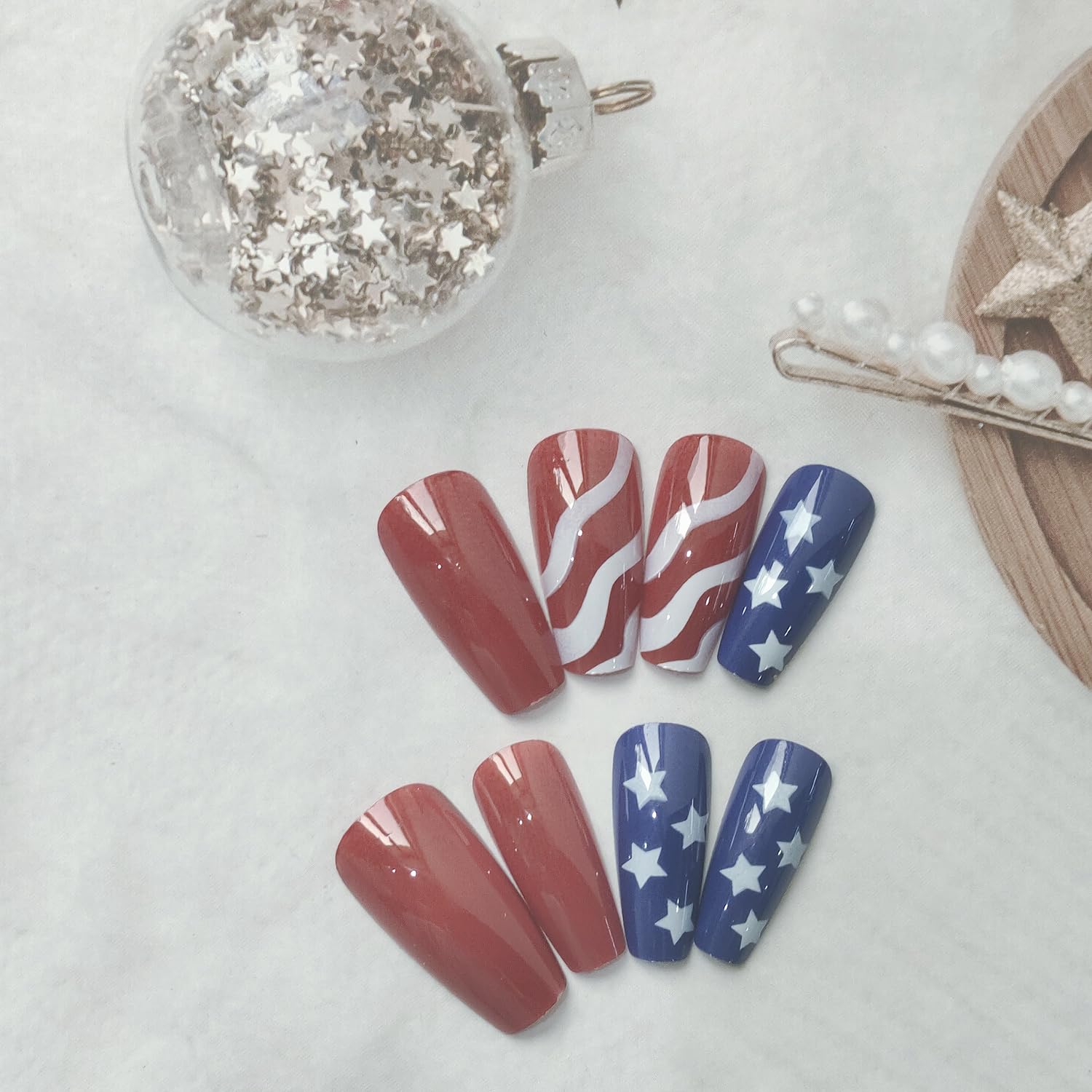 24 Pcs Medium Coffin Press on Nails with American Flag Design for 4th of July - Image 4