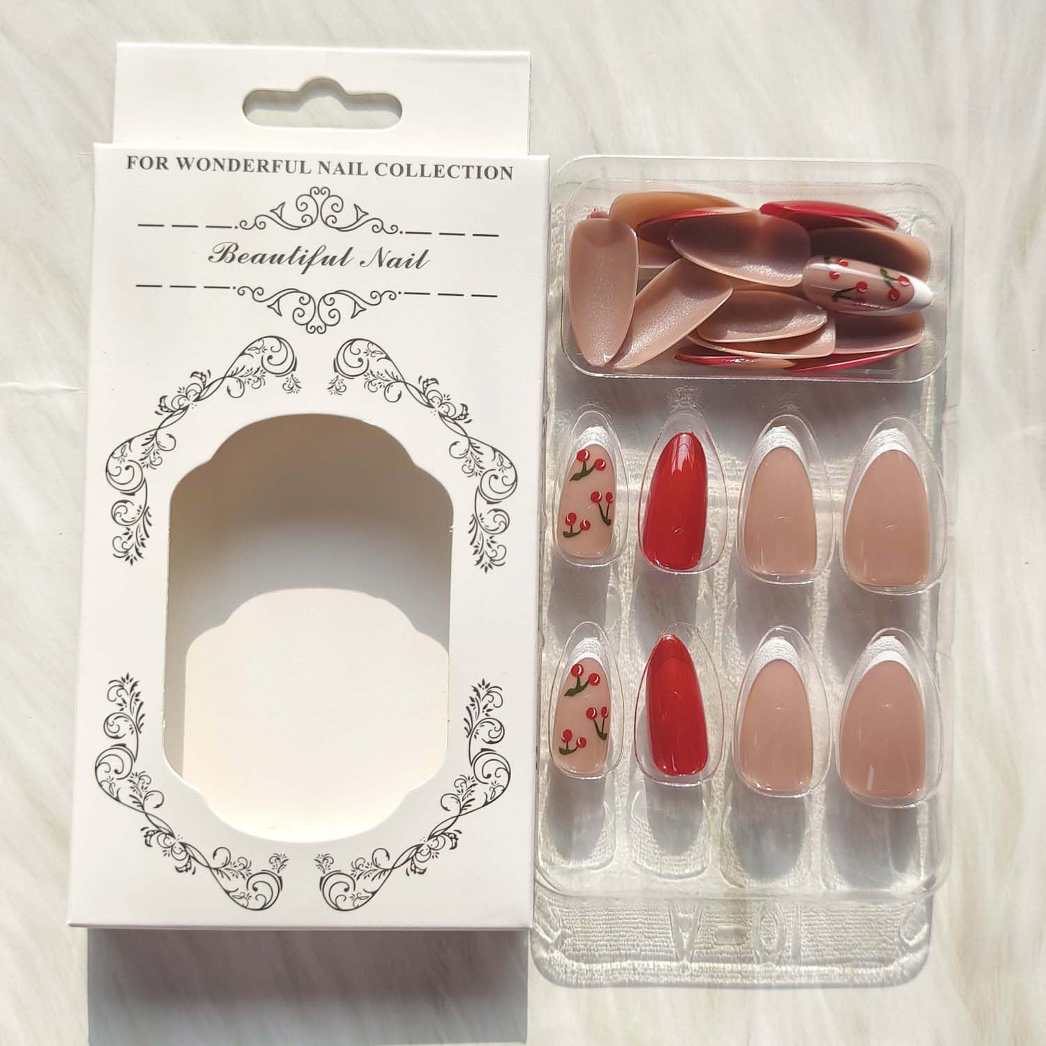 Medium Almond Glossy Pink Cherry French Tip Press On Nails Set - Image 6