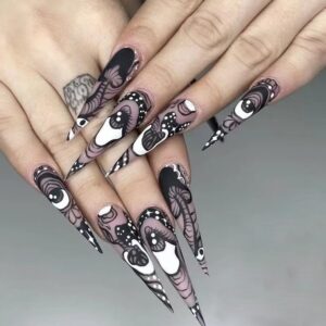 Gothic Press on Nails Long Almond Fake Nails Anime with Black Eye Design Full Cover False Nails Acrylic Artificial Nails Glossy Glue on Nails Stick on Nails for Women Girls Manicure Decoration 24Pcs