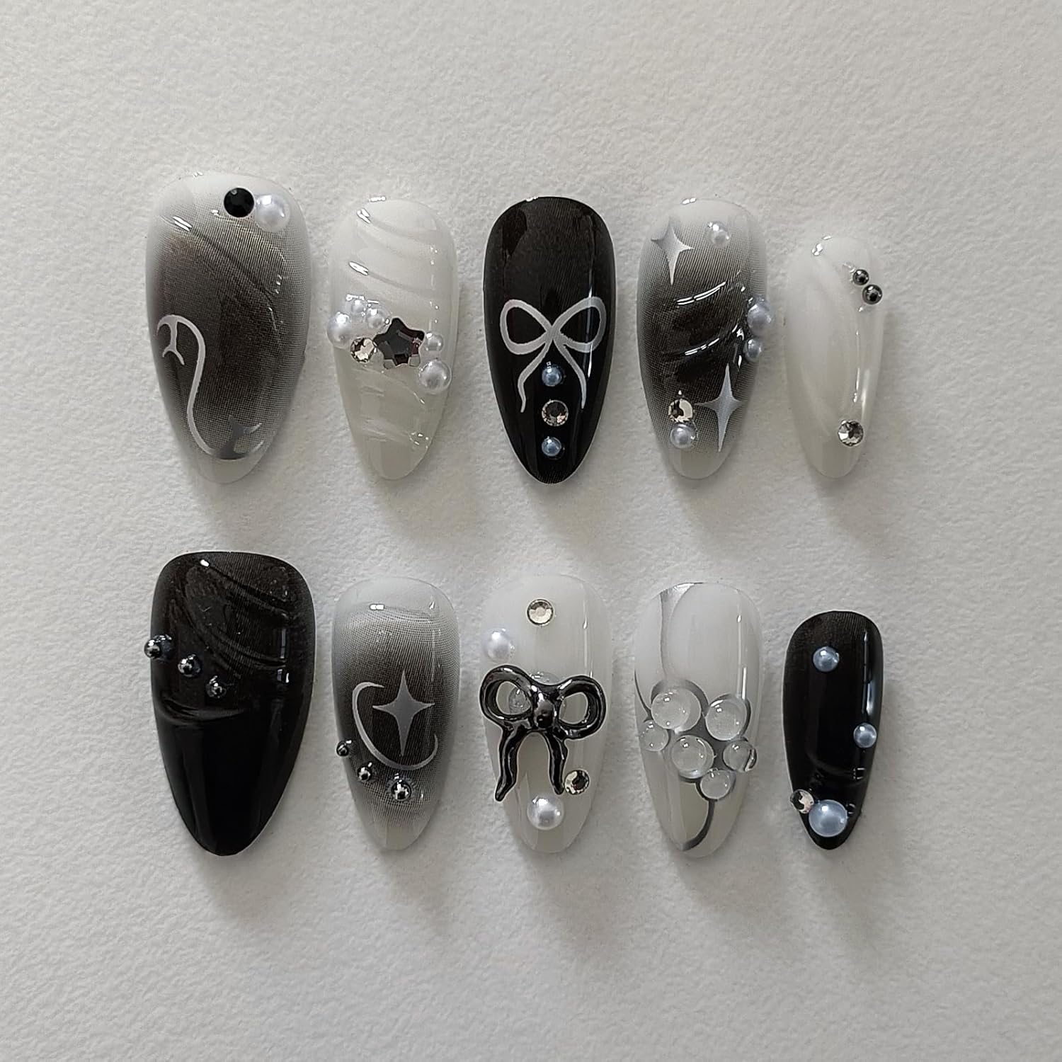 Goth Edgy Almond Press on Nails 24pcs with 3D Bow and Silver Star Embellishments - Image 2