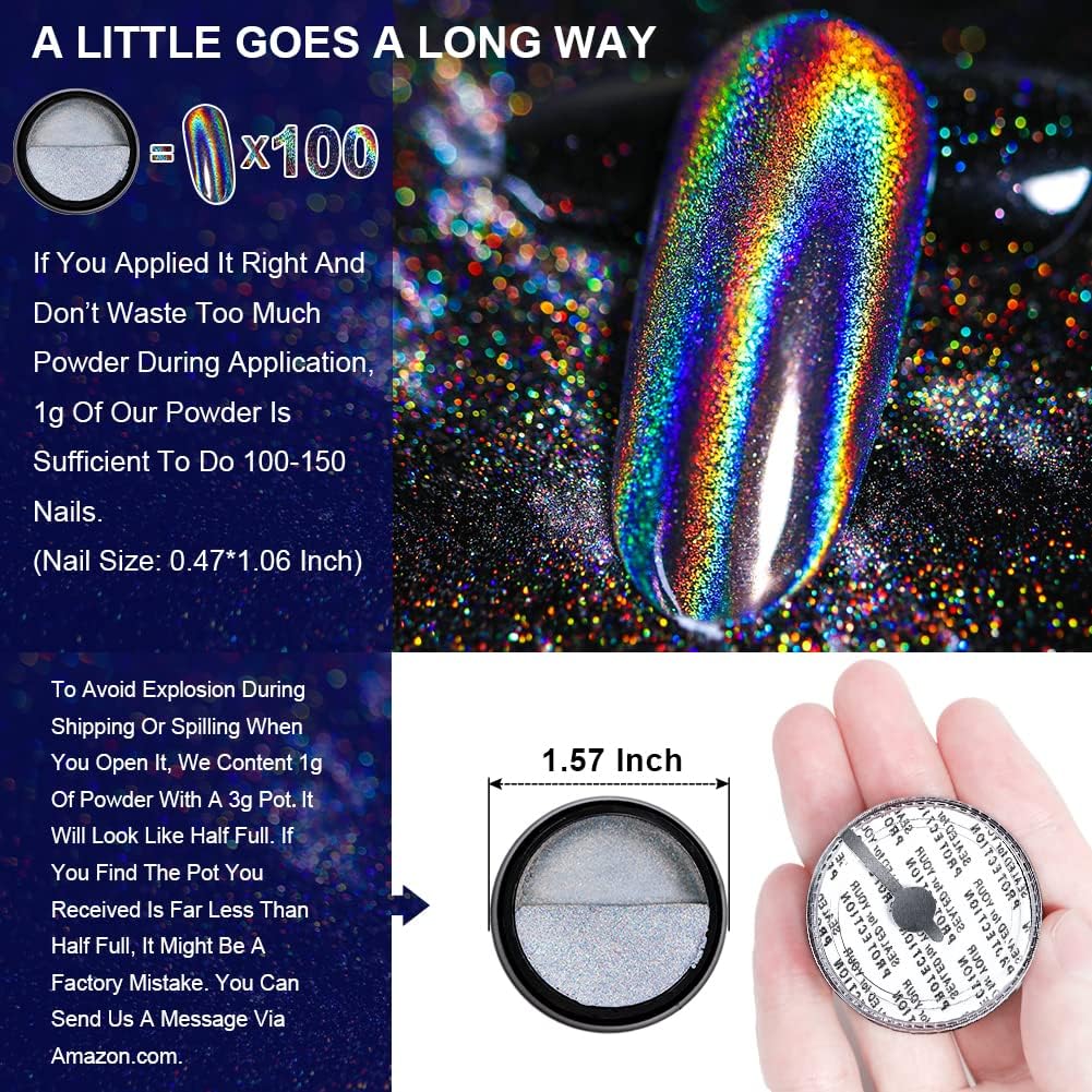 3pc Holographic Nail Powder Set with Sponge Tool, 0.04oz Each, Fine Glitter for Nail Art - Image 2