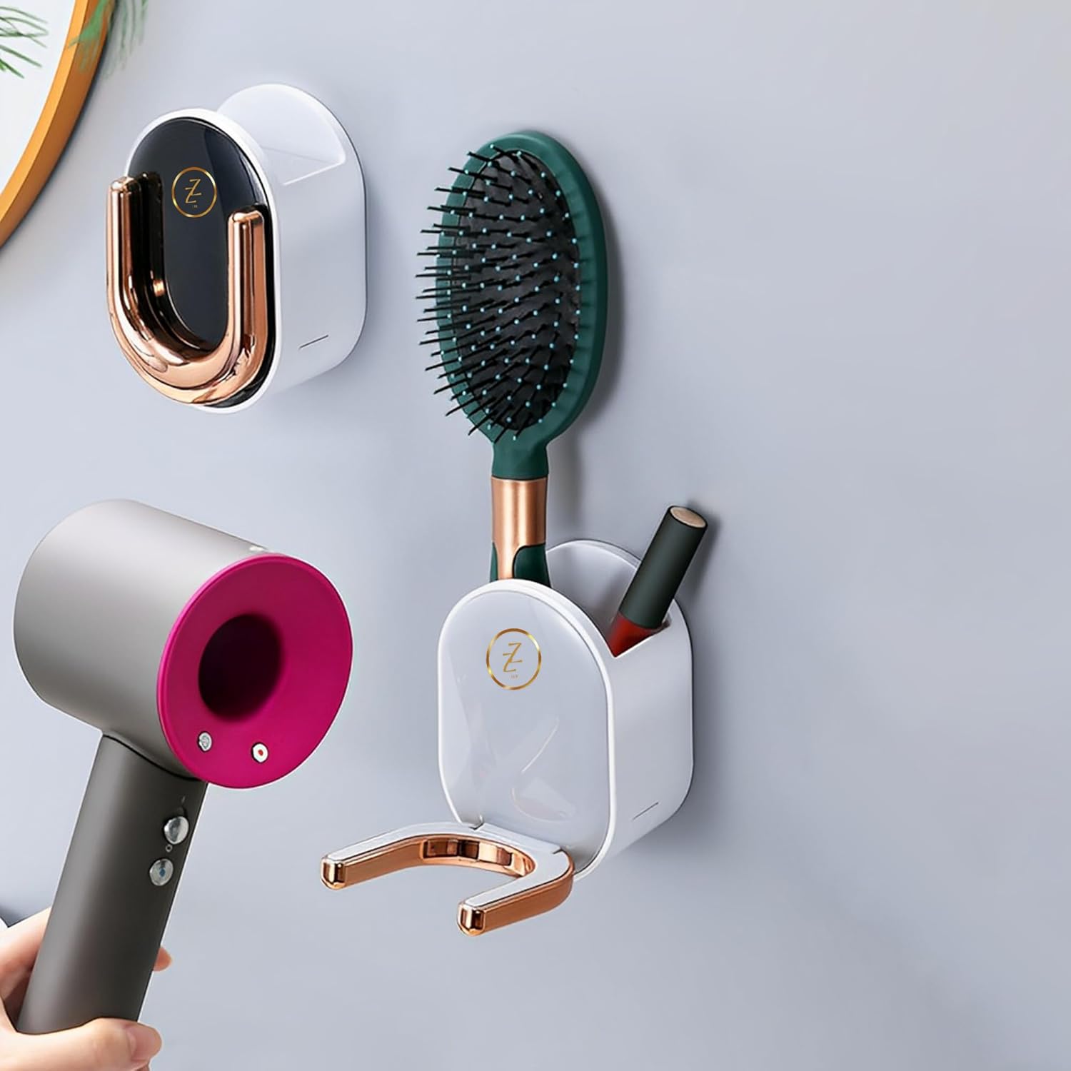 White Bathroom Wall Mount Hair Dryer Holder Organizer with Caddy and Plug Hook - Image 8