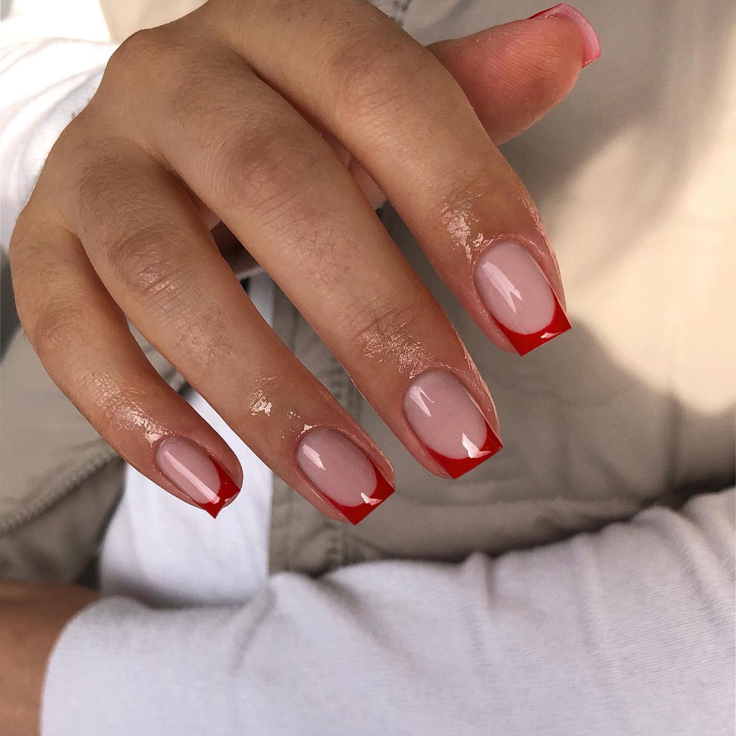 30Pcs Short Square Red French Tip Press on Nails with 15 Sizes for Women - Image 3
