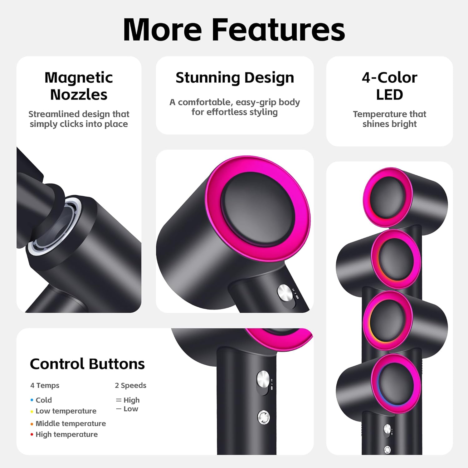 Fuchsia 1600W High-Speed Hair Dryer with 110000 RPM Brushless Motor and Ionic Technology Diffuser - Image 6