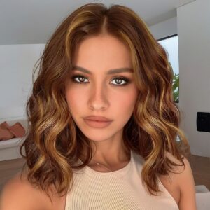 13×4 Brown Highlight Wig for Women14Inch Brown Blonde Lace Hailine Wigs Middle Part Synthetic Lace Front Bob Wigs Synthetic Wig for Daily Party Use