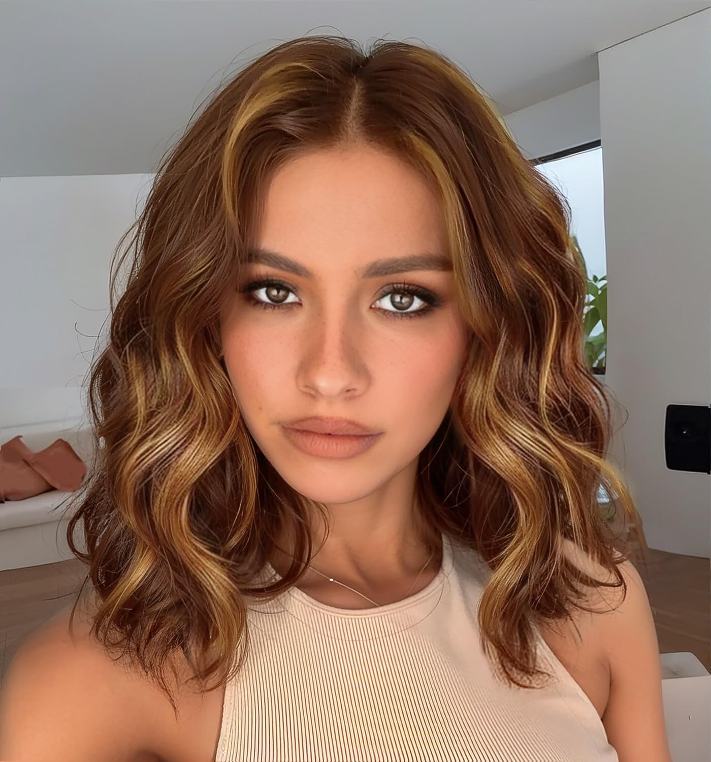 13×4 Brown Highlight Wig for Women14Inch Brown Blonde Lace Hailine Wigs Middle Part Synthetic Lace Front Bob Wigs Synthetic Wig for Daily Party Use