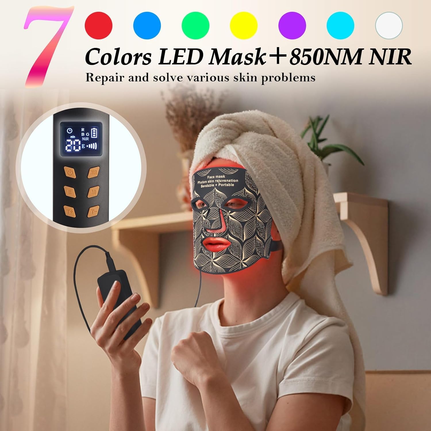 7-in-1 Portable LED Red Light Therapy Mask Rechargeable with 850NM Near-Infrared Black - Image 2