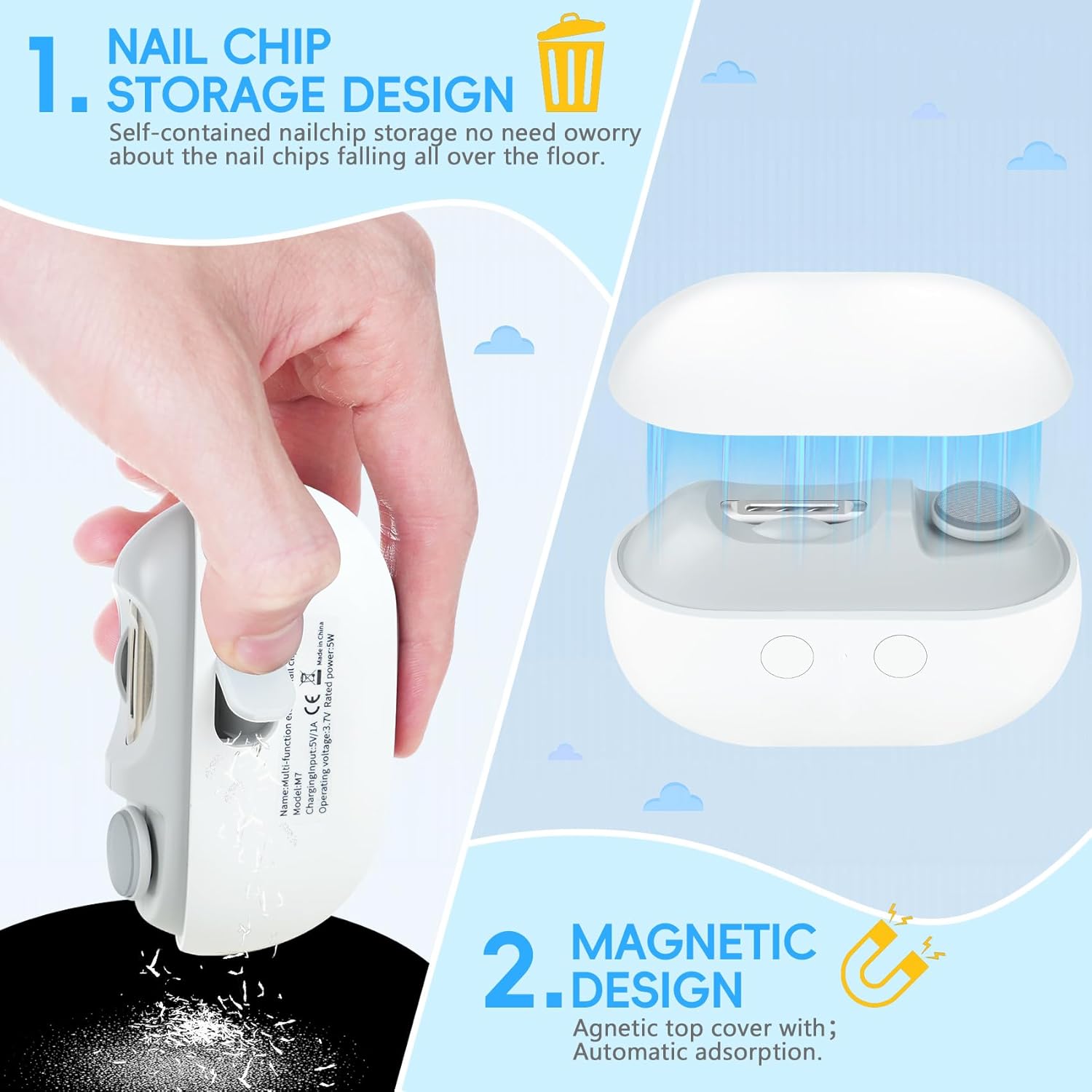 Rechargeable Electric Nail Trimmer 3-in-1 Clipper, Polisher, and File, Frosted White - Image 3