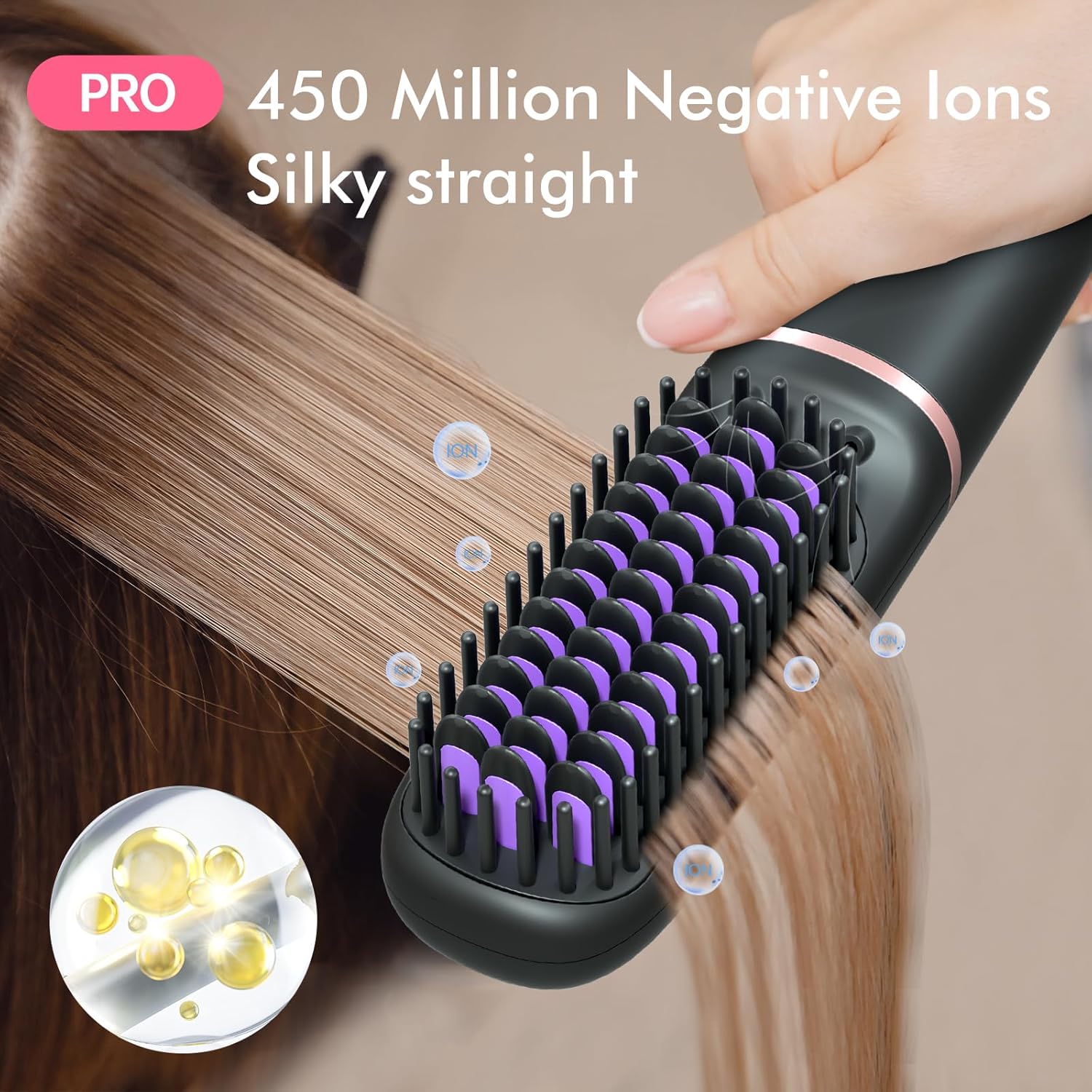 Ionic Hair Straightening Brush 450 Million Negative Ions 25s Fast Heat 9 Temp Settings Dual Voltage Anti-Scald Black - Image 2