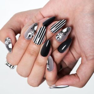 GLAMERMAID Press on Nails Medium Almond, Winter Gothic Black Grey Stripe Gel Glue on Nail, 24Pcs Glossy Short Stiletto Reusable UV Finish Fake Nails Acrylic False Nails Manicure Kits for Women