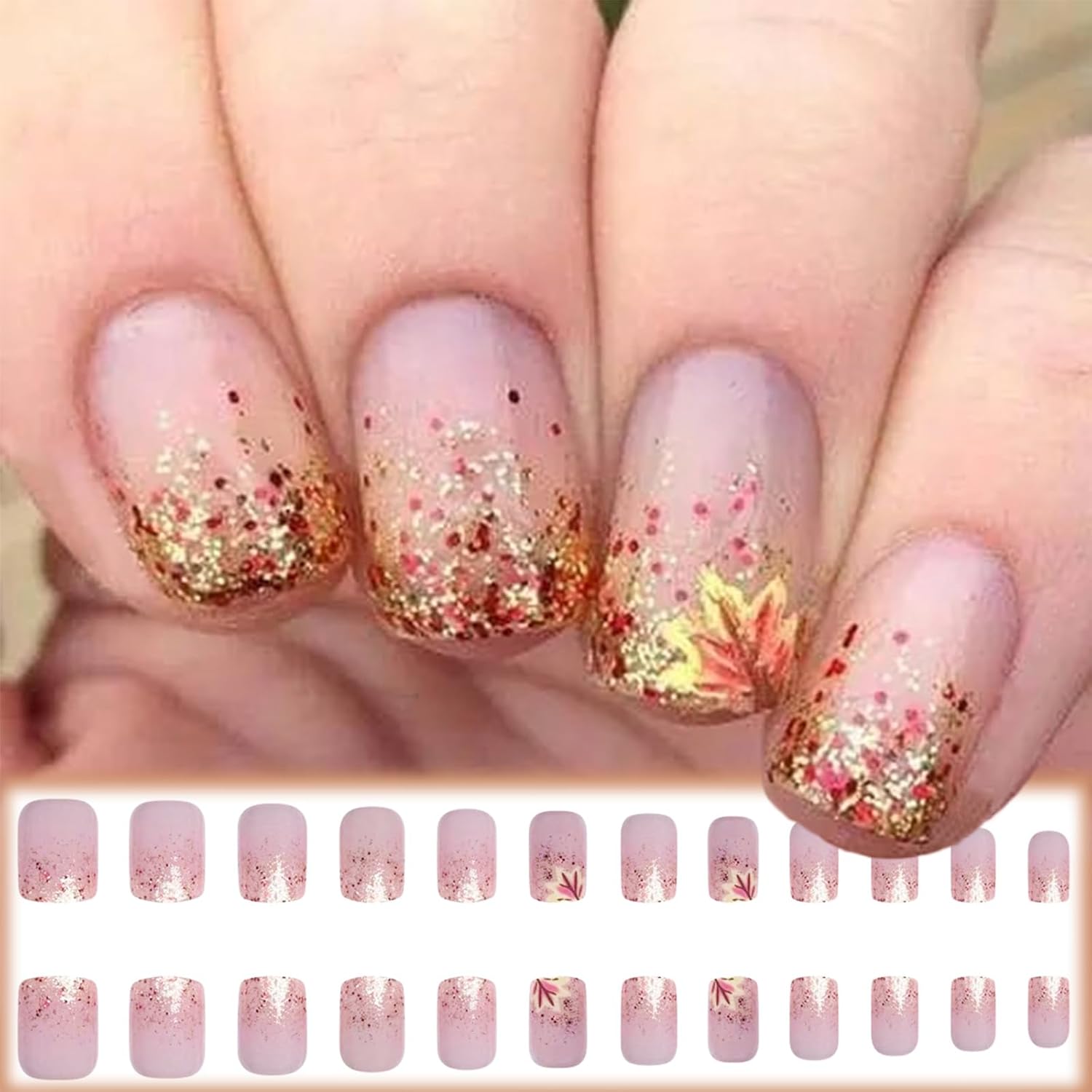 Autumn Thanksgiving 24Pcs Glossy Gold Glitter Press-On Nails Maple Leaf Design - Image 6