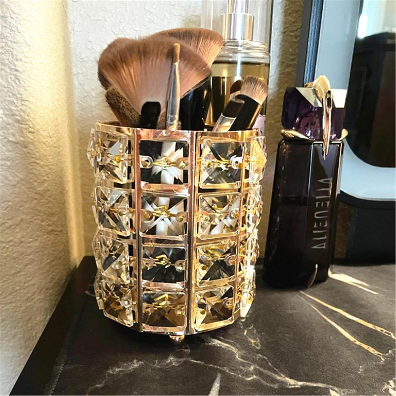 LUGUNU 2-Pack Elegant Makeup Brush Holder Vanity Organizer with Golden Crystal Bling - Image 3