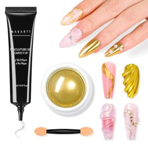 Makartt 3D Nail Gel with Gold Chrome Nail Powder Kit, Clear Molding Gel for Nail Art, 15g Sculpting Glue Polish and Metallic Effect Mirror Powder Set for Nail Decoration Manicure Charms