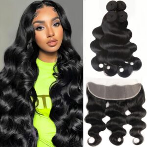 12A Human Hair Bundles with Closure Frontal (18 20 22 24&16 Frontal) Body Wave Bundles Human Hair with 13x4 HD Lace Frontal - Brazilian Quick Weave Hair Extension No Shedding for Daily Use
