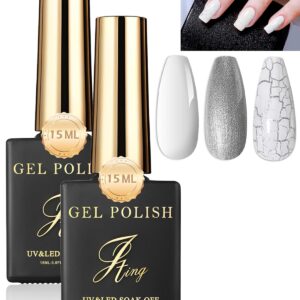 3D Crackle Gel Nail Polish Set,Magic Burst Art,2PCS Sliver Base Color & White Crackle Gel Glue Polish Kit,Natural Air Drying,UV Lamp Needed,Durable,Cool,DIY Gift for Women,Nail Salon Special-014+01