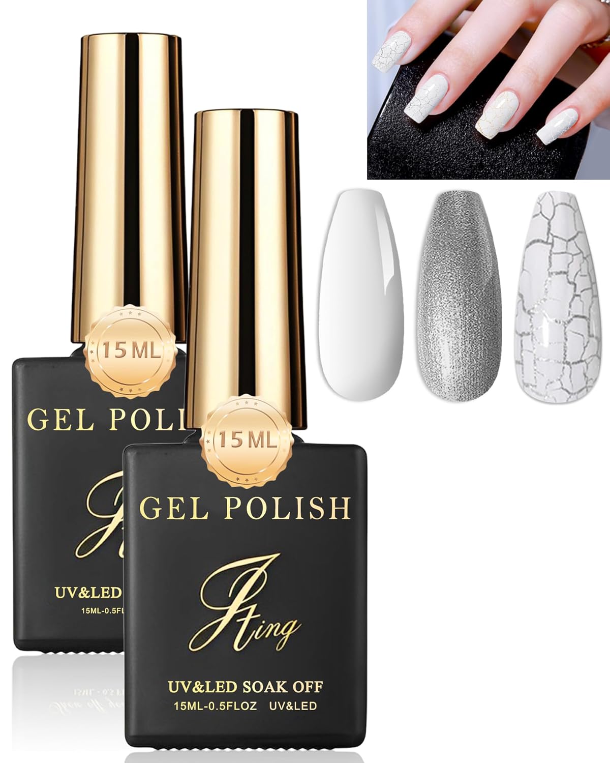 3D Crackle Gel Nail Polish Set,Magic Burst Art,2PCS Sliver Base Color & White Crackle Gel Glue Polish Kit,Natural Air Drying,UV Lamp Needed,Durable,Cool,DIY Gift for Women,Nail Salon Special-014+01