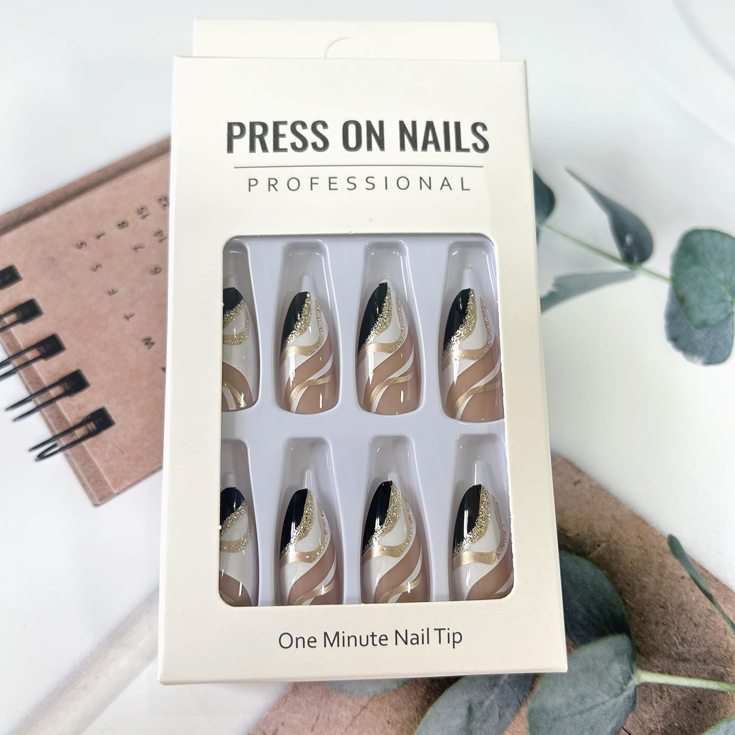 24 Piece Short Almond Press On Nails Black White Ripple Gold Foil - Image 6