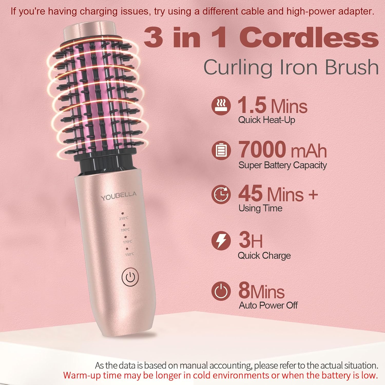 Portable Pink Cordless Mini Hair Curling Iron Brush 3-in-1 Heated Comb USB Rechargeable - Image 6